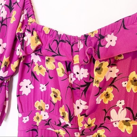 Flynn Skye Berry Floral Kiss Off Shoulder Short Smocked Sleeve Maxi Dress Small - Picture 8 of 10